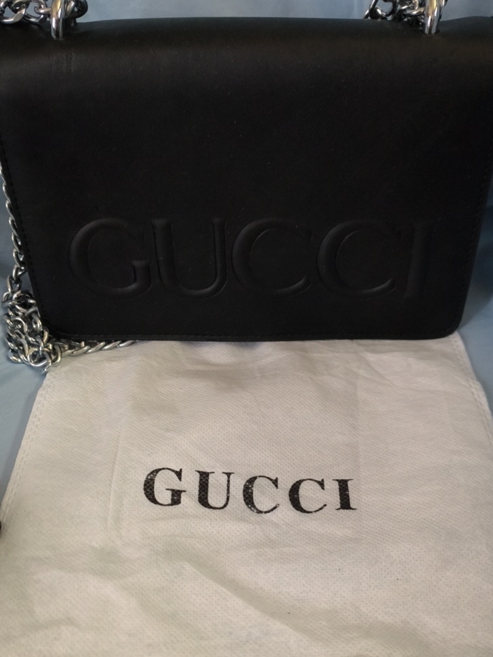 Gucci Black Embossed Logo Leather Shoulder Bag with Silver Chain